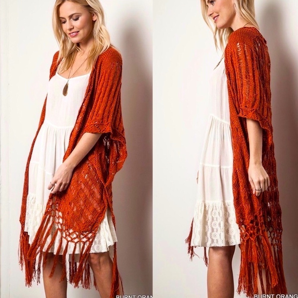 Burnt Orange Boho Crocheted Knit Fringe Cardigan